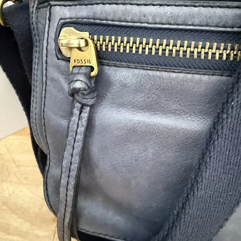Fossil Dusty Blue Leather Handbag Zip Convertable Crossbody Shoulder Satchel Bag